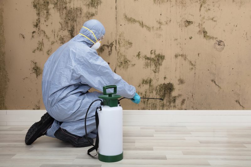 A person in blue suit spraying water on the floor.