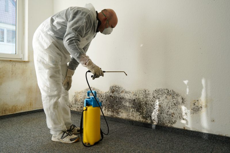 A man in white shirt and gloves holding a spray bottle.