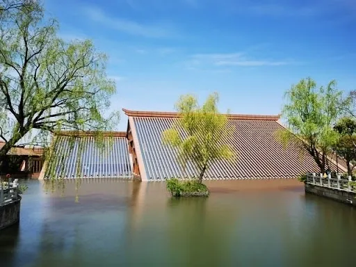 A house is flooded with water and trees.