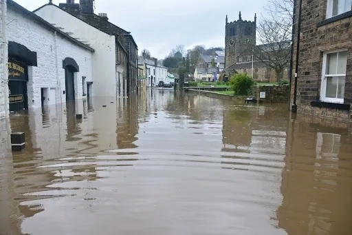 A flooded street with houses and trees in the background.