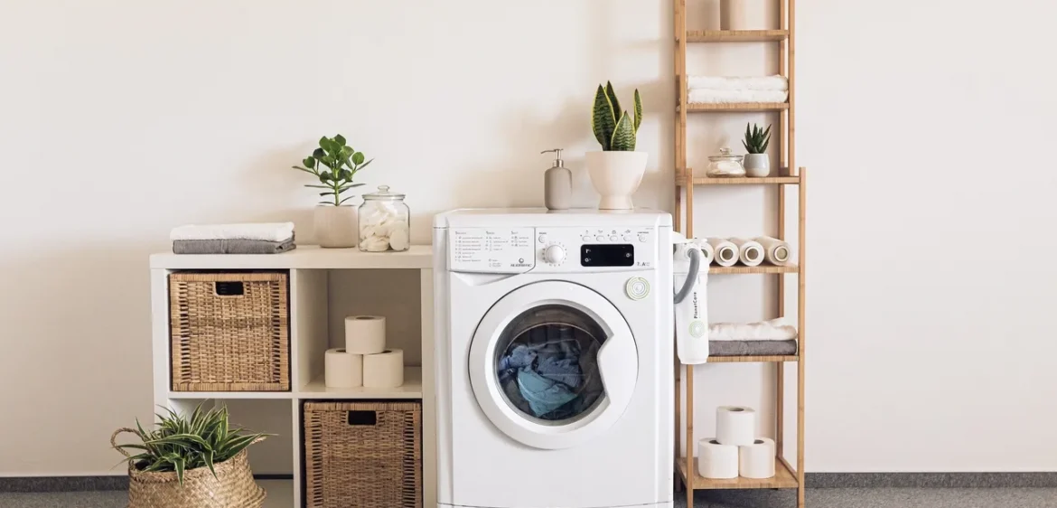 A white washer in the middle of a room.