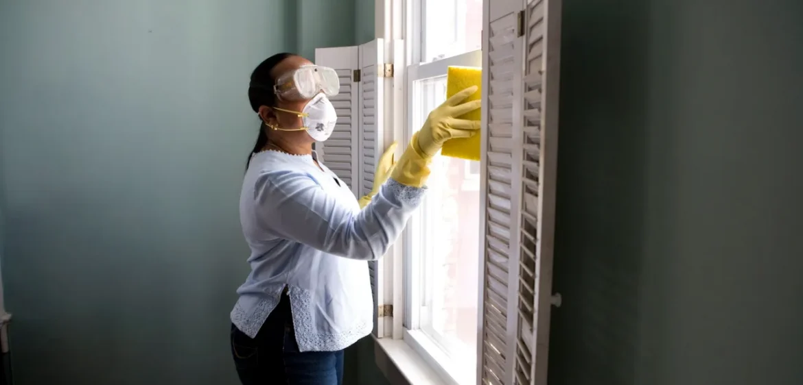 A woman in yellow gloves cleaning the window.