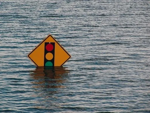 A traffic light sitting in the middle of water.