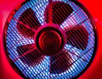 A close up of the fan on a red background