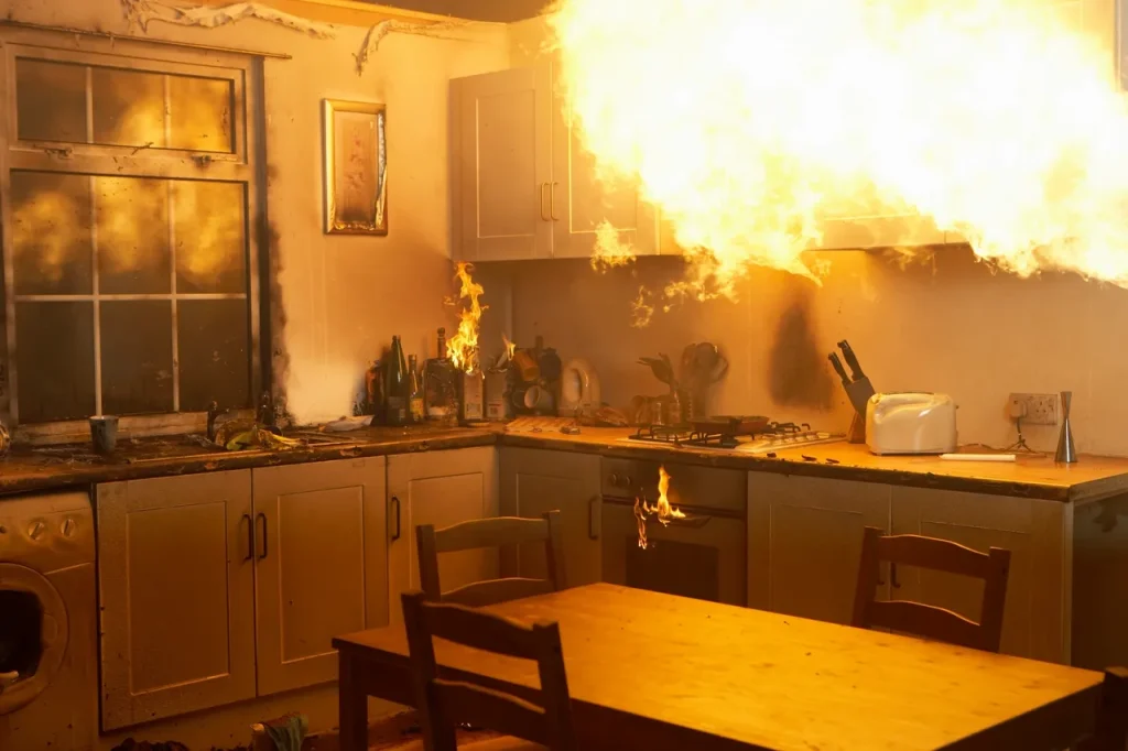 A kitchen with fire coming out of the oven.